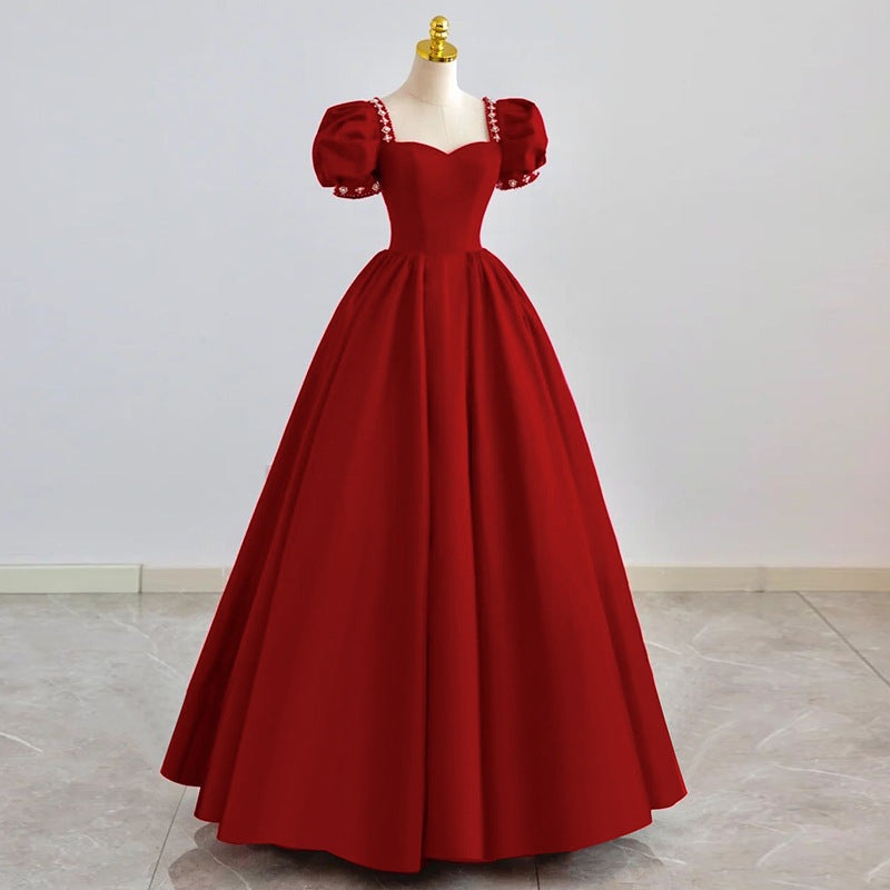 Burgundy Short Sleeves  Prom Dress A Line Evening Party Dress 1703