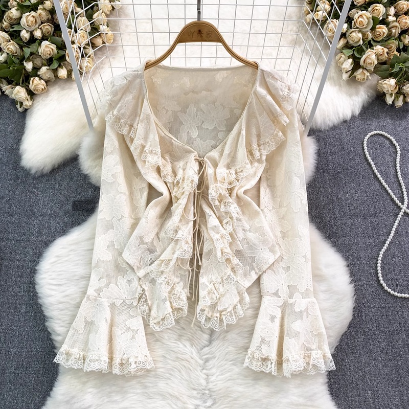French Style Long Sleeved V Neck Ruffled Chiffon Shirt Casual Top 1368