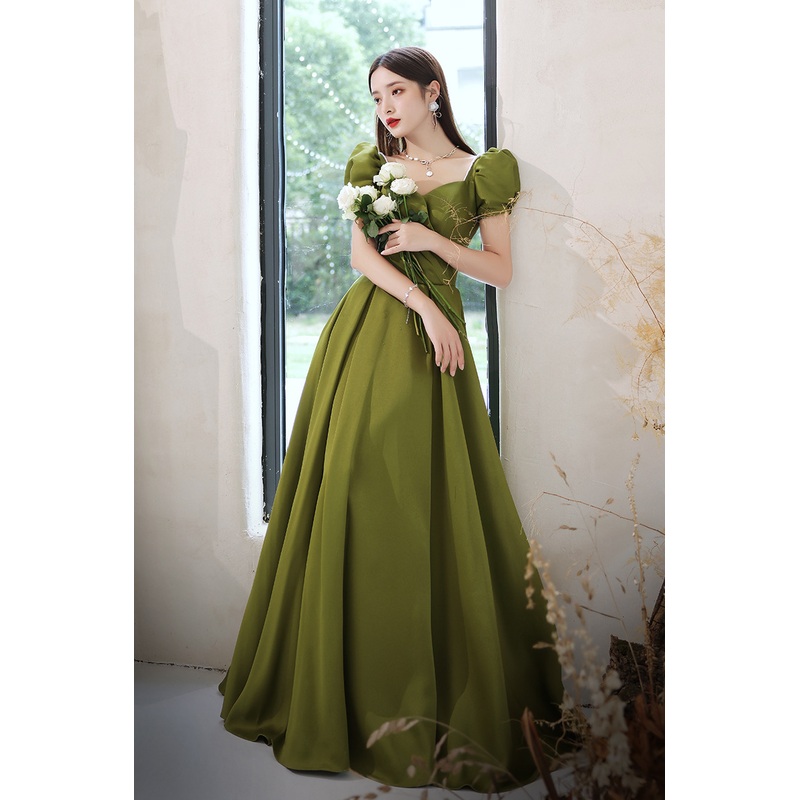 Green Short Sleeves Satin Prom Dress A Line Evening Party Dress 1702