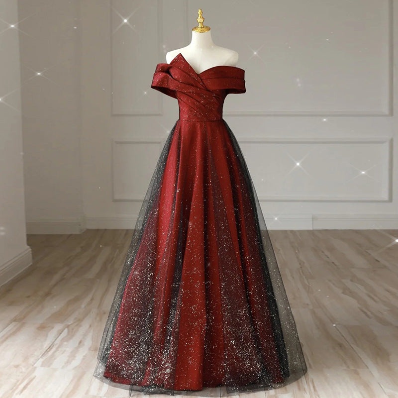 Off Shoulder Burgundy Shiny Tulle Prom Dress Formal Evening Party Dress 1699