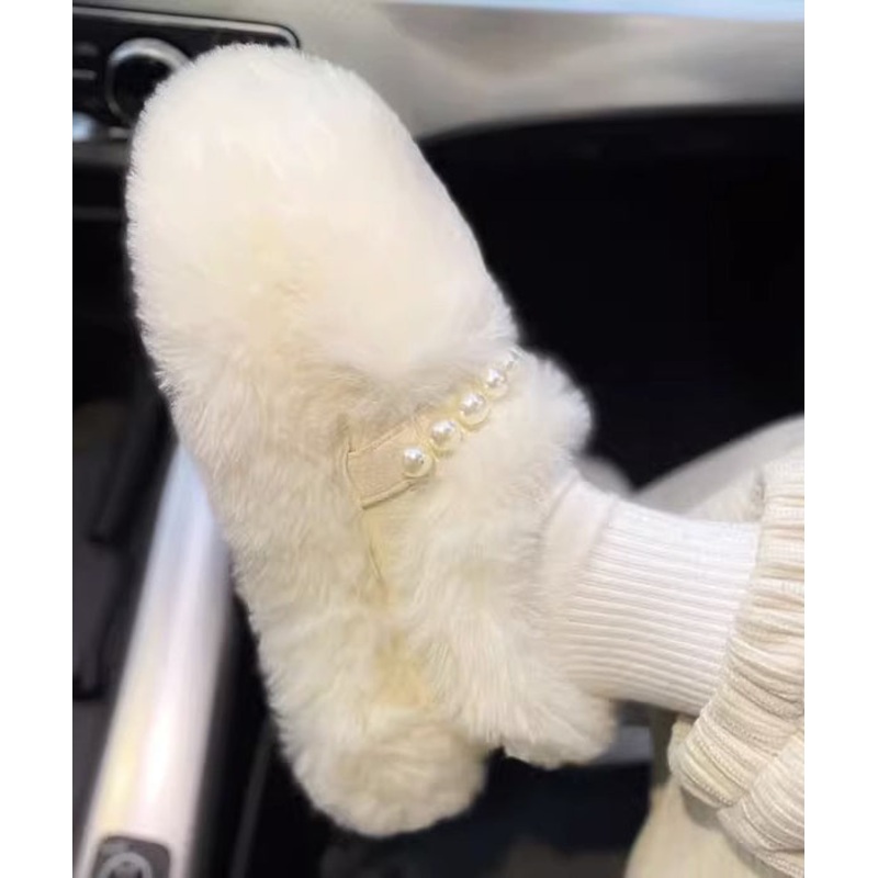 Beige Fuzzy Fur Platform Penny Loafers Fashion Splicing Nail Bead