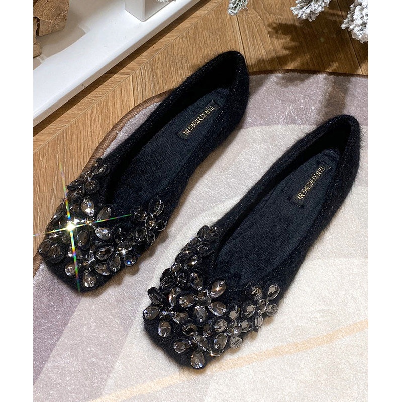 Black Flat Shoes Stylish Suede Handmade Splicing Zircon