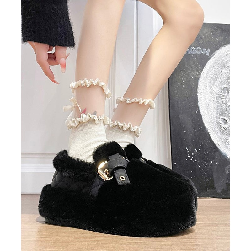 Black Fuzzy Wool Lined Platform Stylish Splicing Flat Shoes