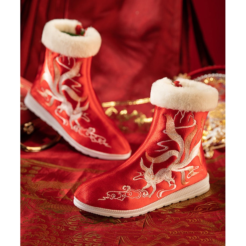 Boho Red Satin Embroidery Splicing Boots Fuzzy Wool Lined