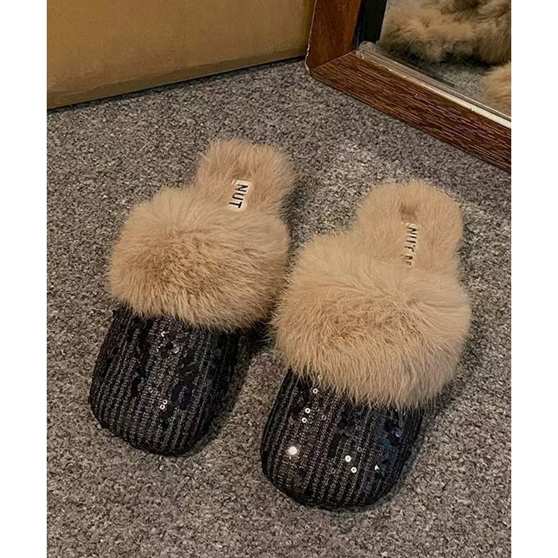 Boutique Fuzzy Wool Lined Splicing Slippers Shoes Black Sequins