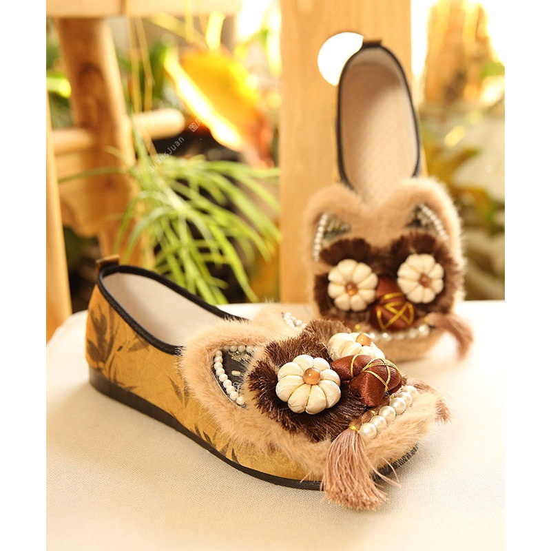 Brown Flat Shoes Cotton Fabric New Tassel Embroidery