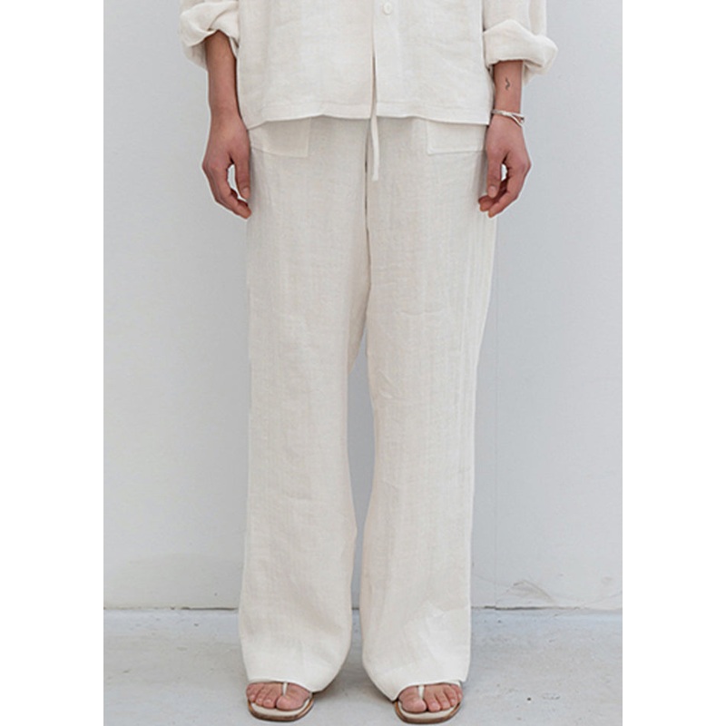 Casual Beige Pockets Lace Up Linen Straight Pants Spring