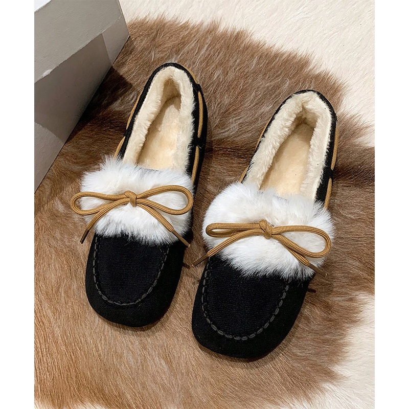 Chic Black Fuzzy Wool Lined Women Splicing Penny Loafers