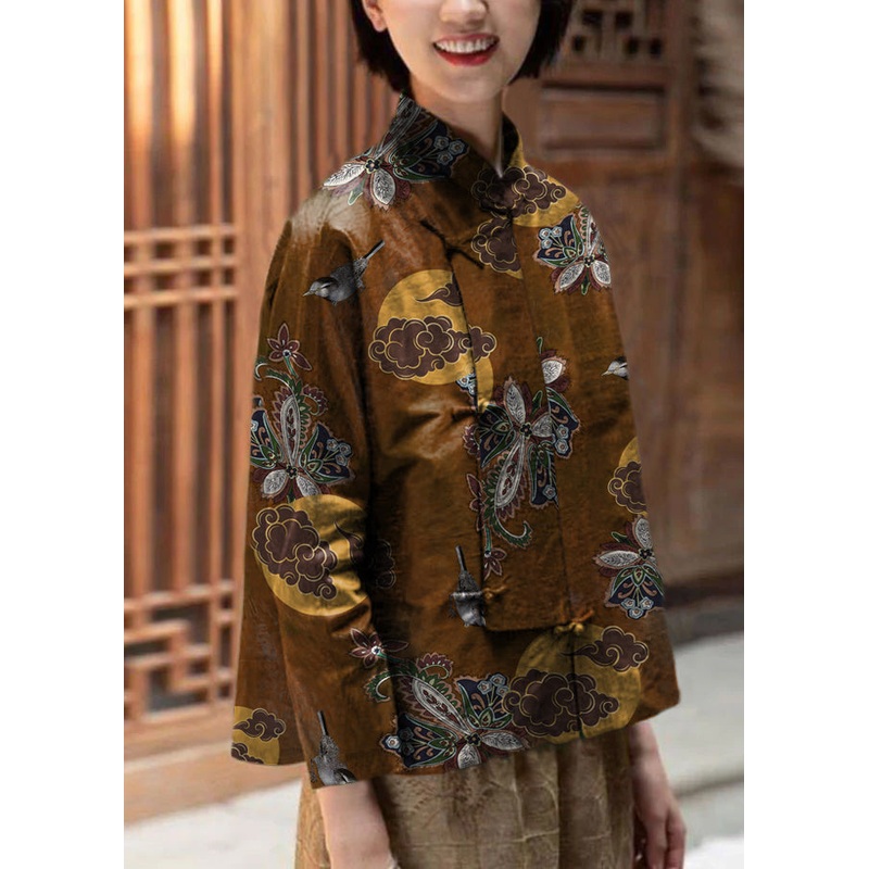 Chinese Style Brown flowers Stand Collar button tops Long Sleeve