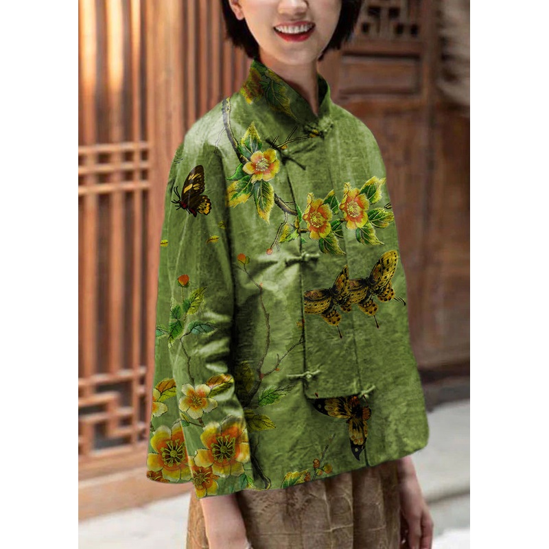Chinese Style Green Flowers Stand Collar button tops Long Sleeve