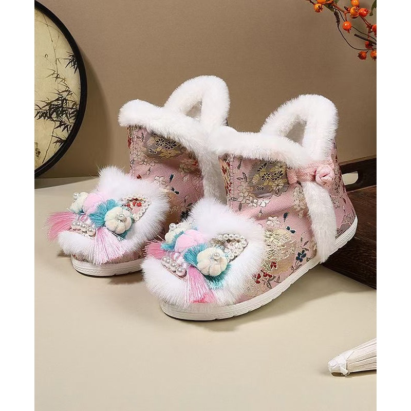 Chinese Style Pink Embroidery Nail Bead Splicing Boots