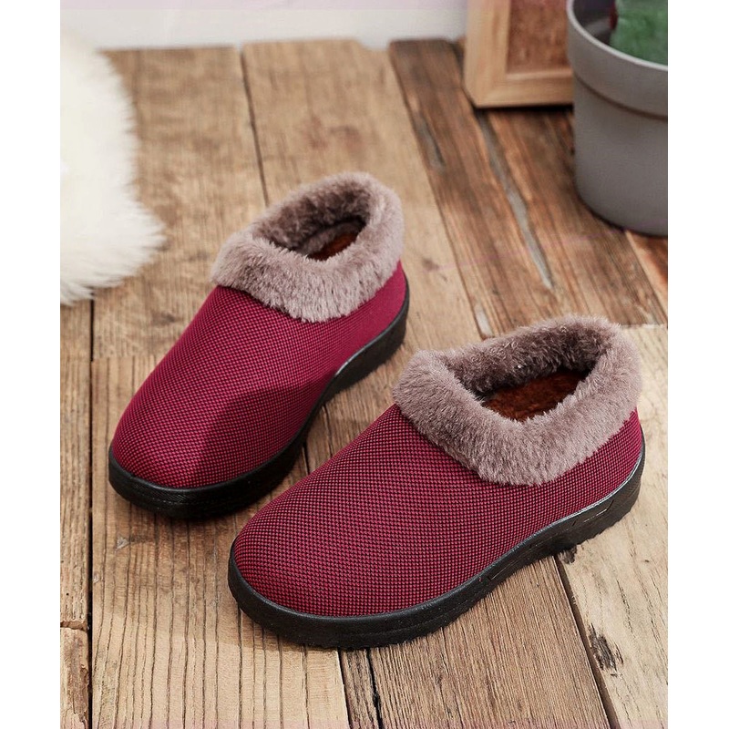 Comfortable Flat Feet Shoes Red Cotton Fabric Fuzzy Wool Lined