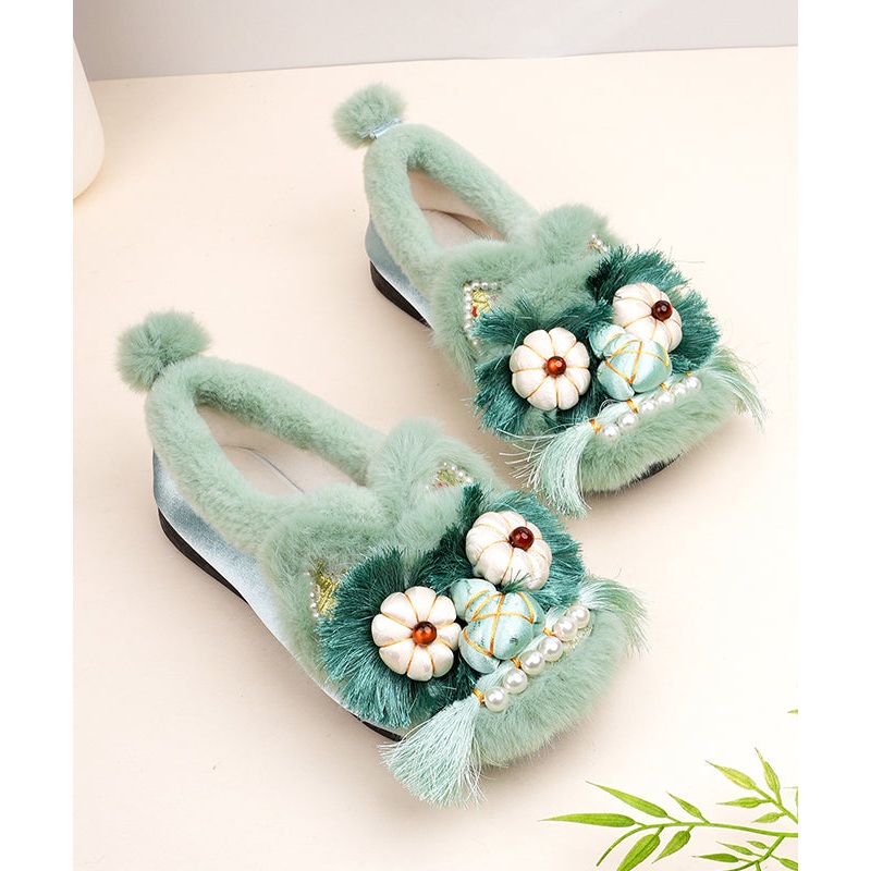 Comfortable Splicing Flat Shoes Green Cotton Fabric Fuzzy Wool Lined