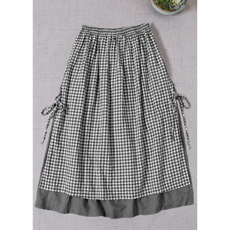 French Black Plaid side open tie Skirt Spring