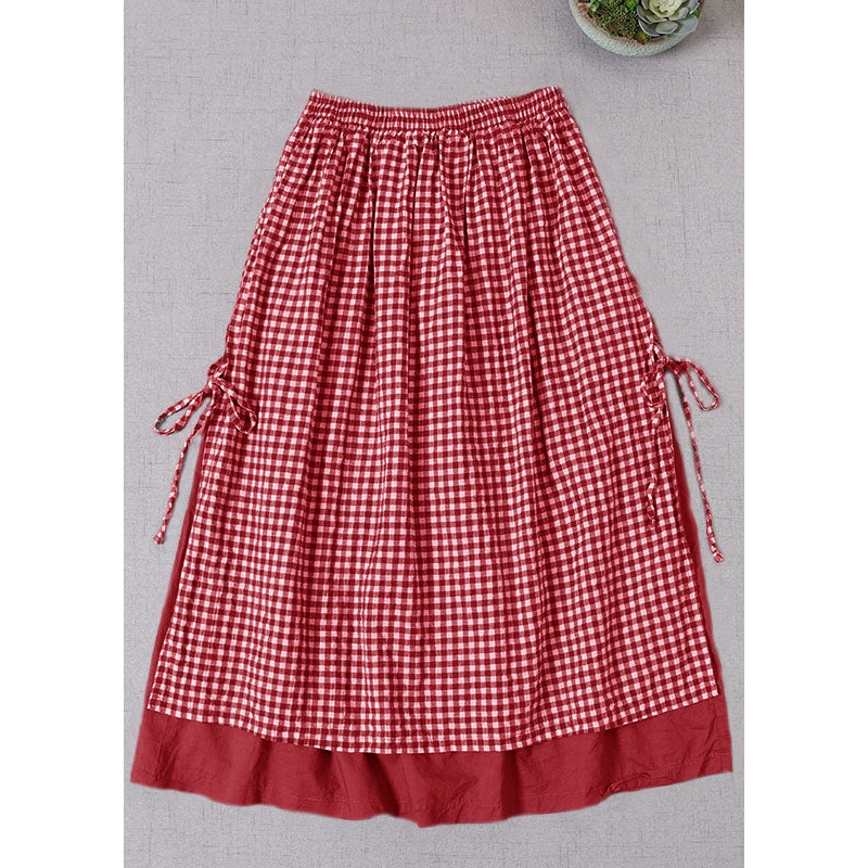 French Red Plaid side open tie Skirt Spring