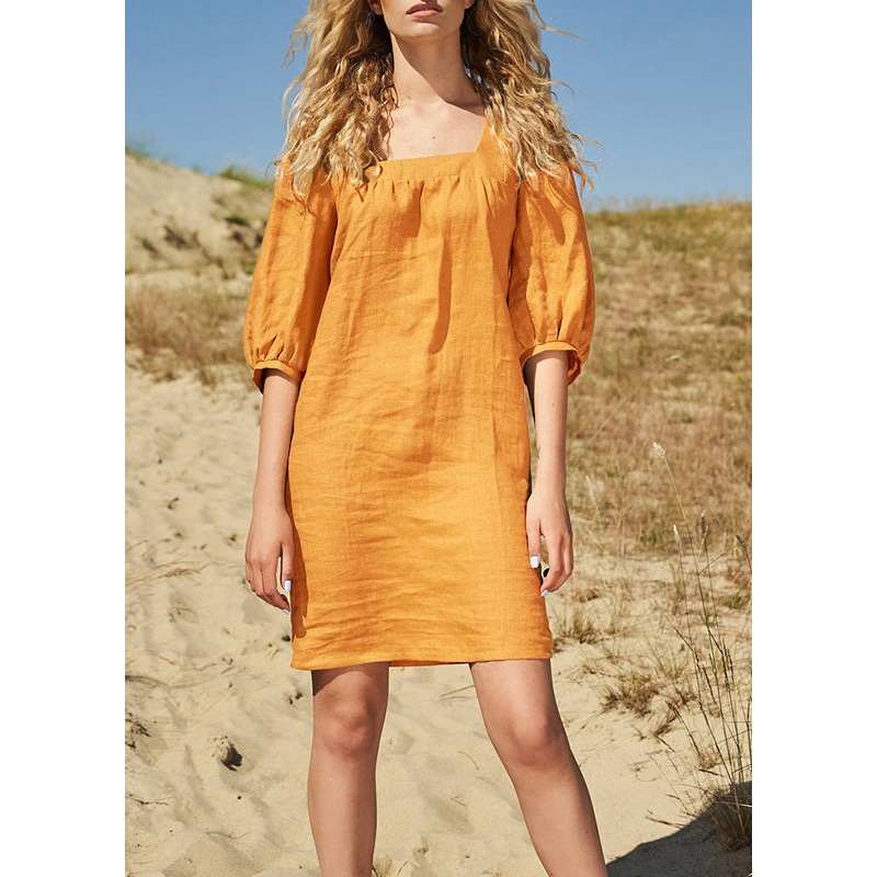 French Yellow Square Collar Puff Sleeve Linen Dresses