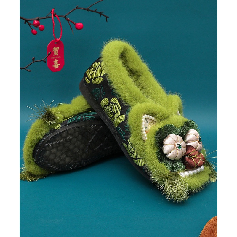 Green Fuzzy Wool Lined Retro Splicing Flat Shoes Embroidery