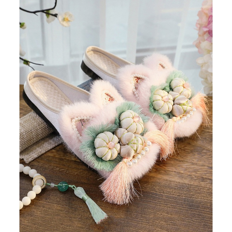 Handmade Comfy Splicing Tiger Head Slippers Shoes Pink Tassel Nail Bead