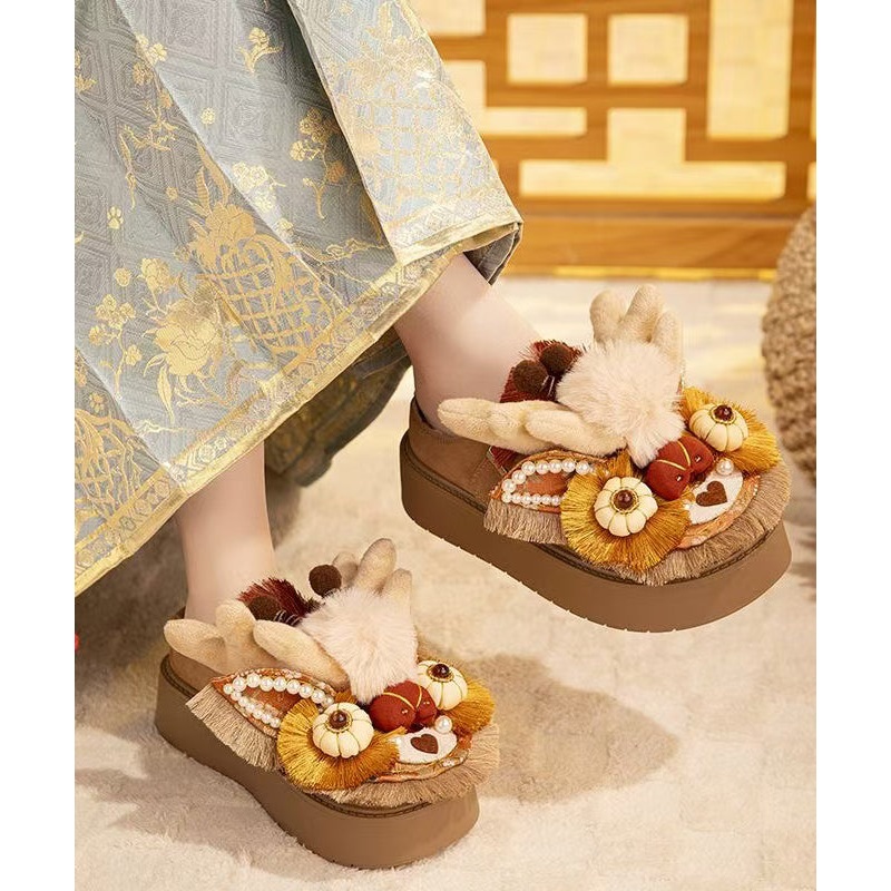 Handmade Splicing Platform Slippers Shoes Brown Fuzzy Wool Lined