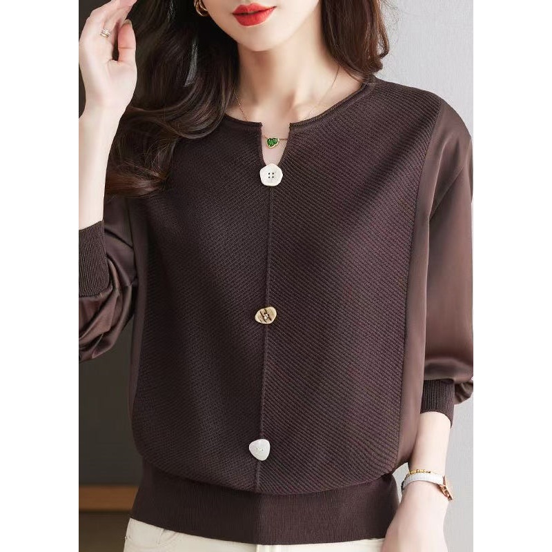 Modern Coffee O Neck Patchwork Knit Top Spring