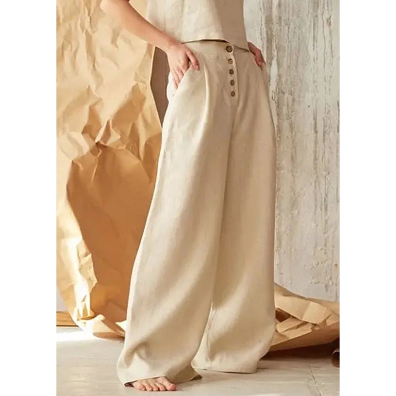 New Casual Apricot Pockets Button Linen Straight Pants Spring