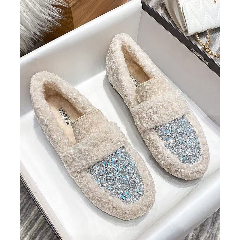 New White Faux Fur Warm Splicing Flat Shoes Sequins