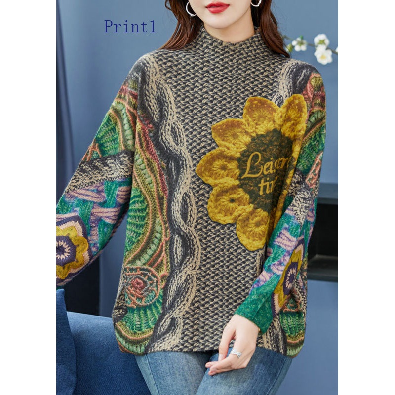 Organic Print Loose Woolen Knitted Sweaters Tops Spring