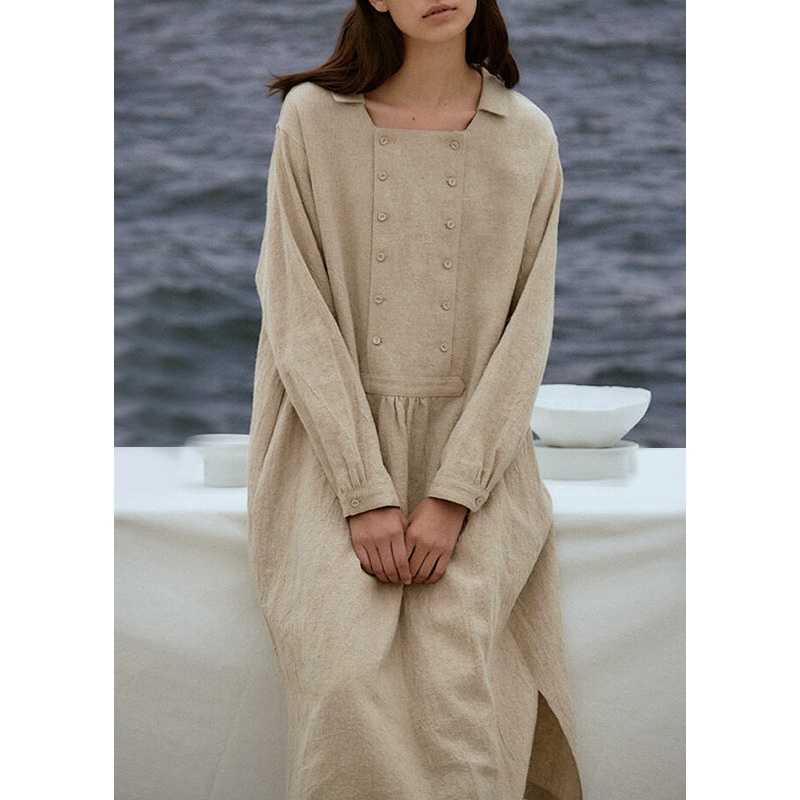 Original Linen Square Collar Side Open Long Dresses Spring
