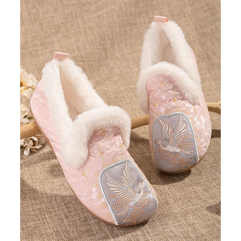 Pink Comfy Fuzzy Wool Lined Flat Shoes Embroidery
