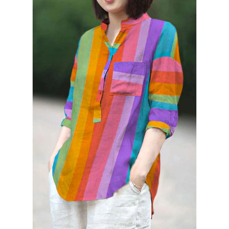 Plus Size Color GeometryStand Collar pockets Linen Blouses top Half Sleeve