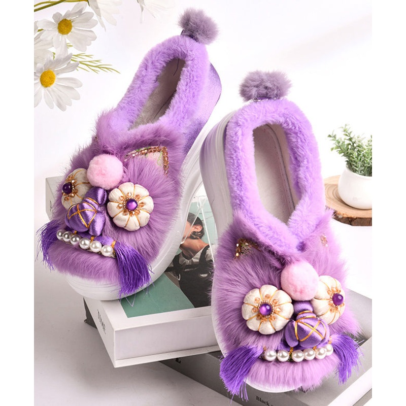 Purple Retro Handmade Fuzzy Wool Lined Splicing Platform Flats
