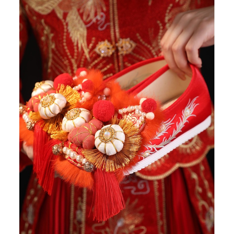 Red Embroidery Nail Bead Handmade Splicing Flat Feet Shoes