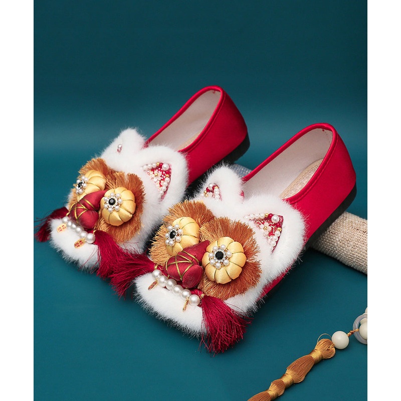 Red Flat Shoes Splicing Handmade Embroidery Nail Bead