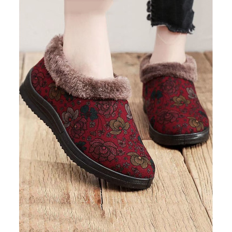 Red Print Cotton Fabric Flat Feet Shoes Splicing Fuzzy Wool Lined