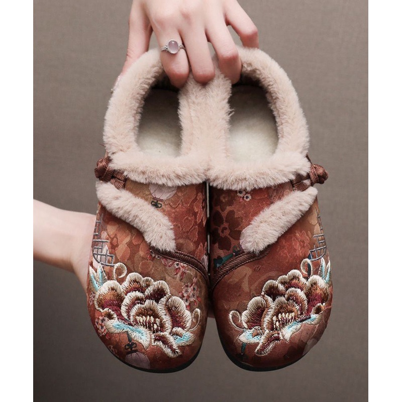 Retro Coffee Embroidery Flat Shoes Splicing Fuzzy Wool Lined