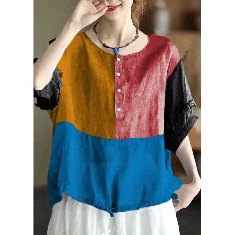 Retro Red O-Neck Ruffled Button Drawstring Top Half Sleeve