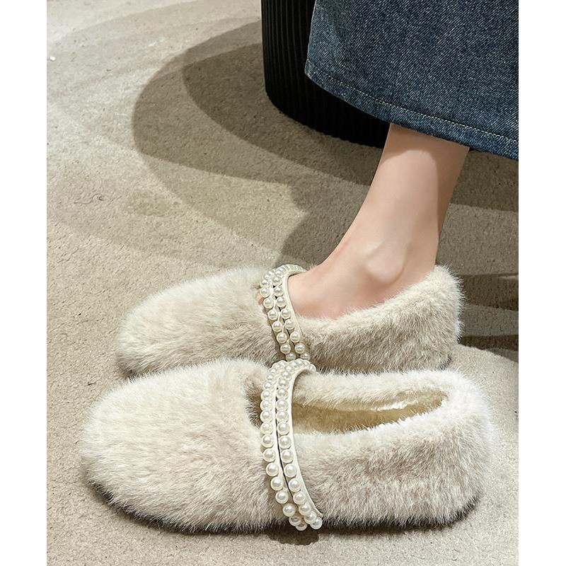Stylish Beige Fuzzy fur Nail Bead Splicing Flat Feet Shoes