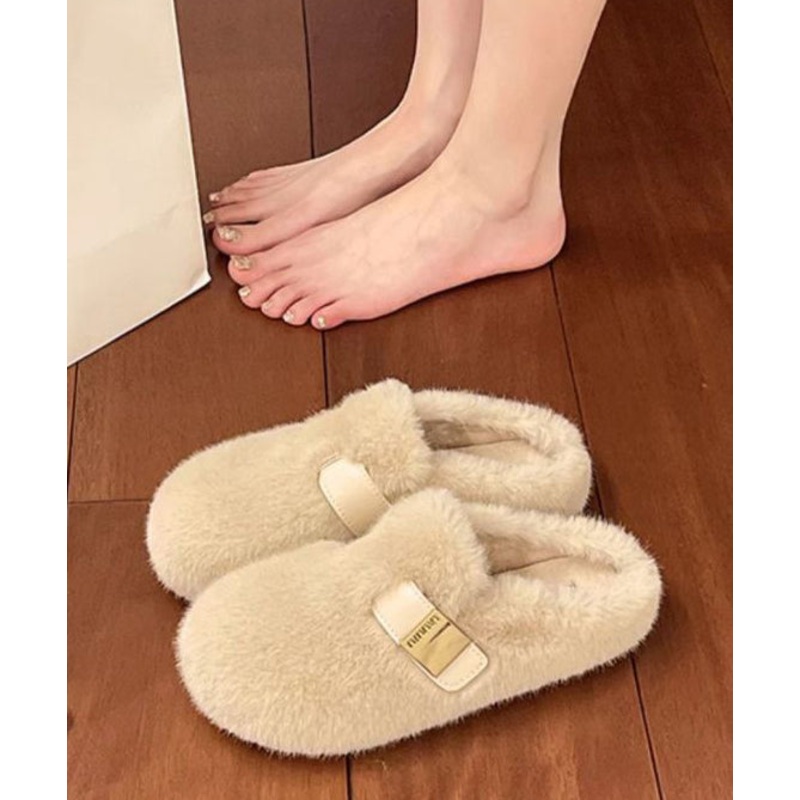 Stylish Beige Fuzzy Fur Slippers Shoes Splicing