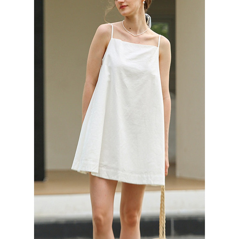 Stylish White Linen Mid Spaghetti Strap DressSleeveless