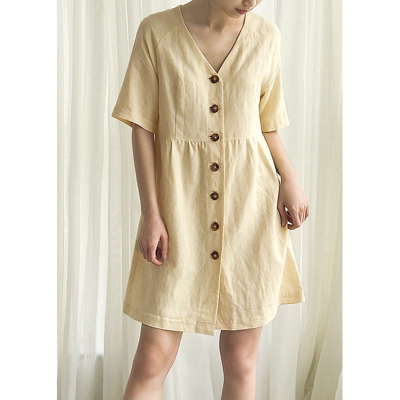 Stylish Yellow V Neck Button Linen Mid Dress Summer