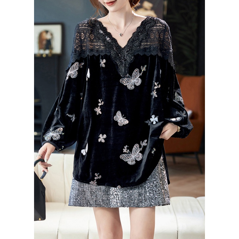 Unique Black V Neck Lace Butterfly Patchwork Silk Velour Blouse Top Spring