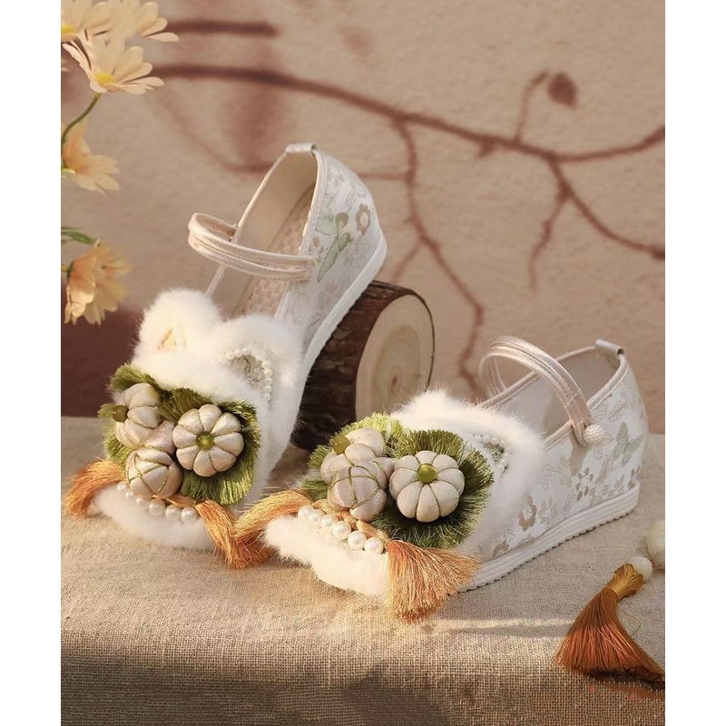 White Fur Splicing Embroidery Wedge High Wedge Heels Shoes