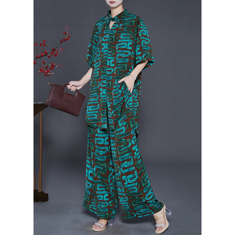 Art Blackish Green Oversized Print Chiffon Two Pieces Set Summer