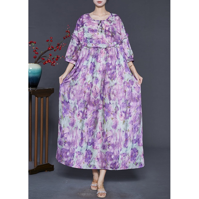 Art Purple Oversized Print Cotton Long Dress Bracelet Sleeve