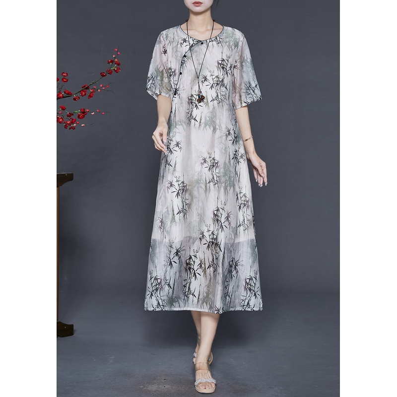 Art White Bamboo Leaf Print Silk Oriental Dress Summer