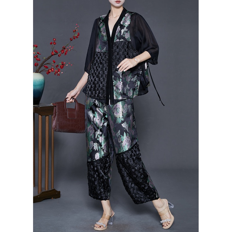 Beautiful Black Oversized Patchwork Silk Two Pieces Set Summer
