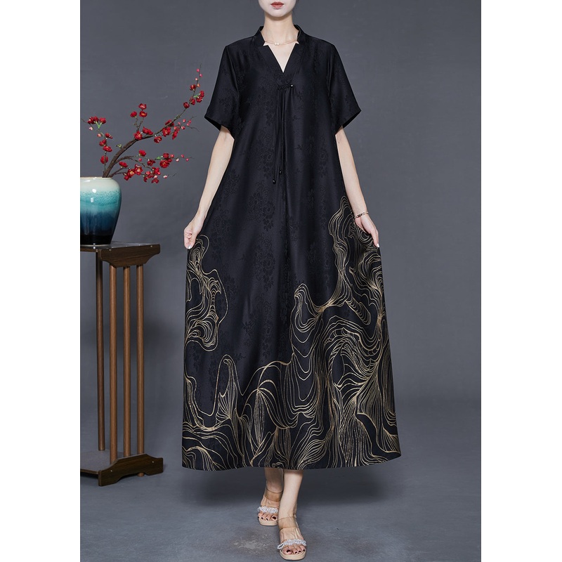 Beautiful Black Tasseled Print Silk Dresses Summer