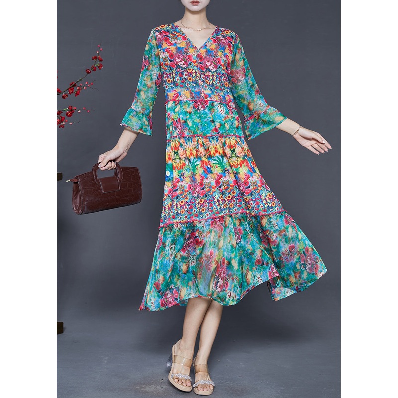 Beautiful Green Print Chiffon Tea Dresses Bracelet Sleeve