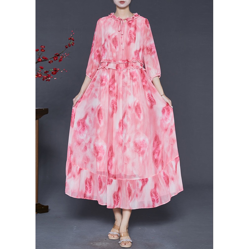 Beautiful Pink Ruffled Print Chiffon Vacation Dress Summer