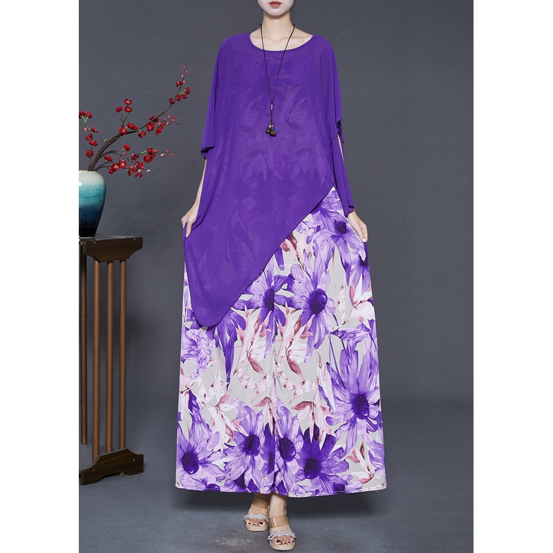 Beautiful Purple Asymmetrical Print Chiffon Women Sets 2 Pieces Summer